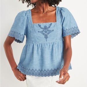 Blue Chambray Embroidered Women's Top